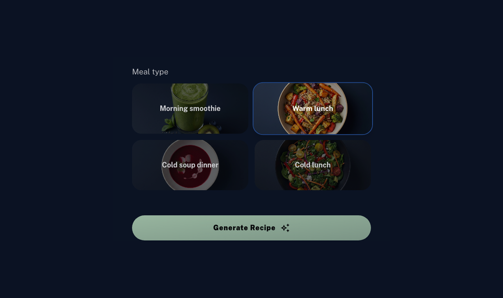 Clean Recipe Generator, meal type selection and Generate Recipe button