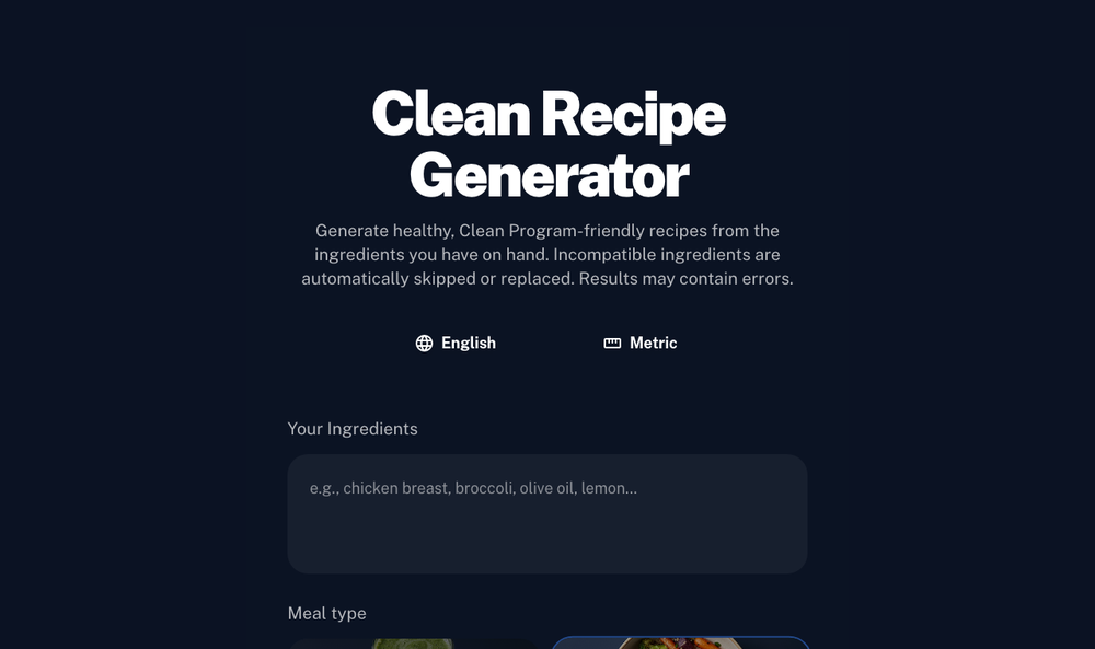 Clean Recipe Generator, ingredient input and language/unit controls