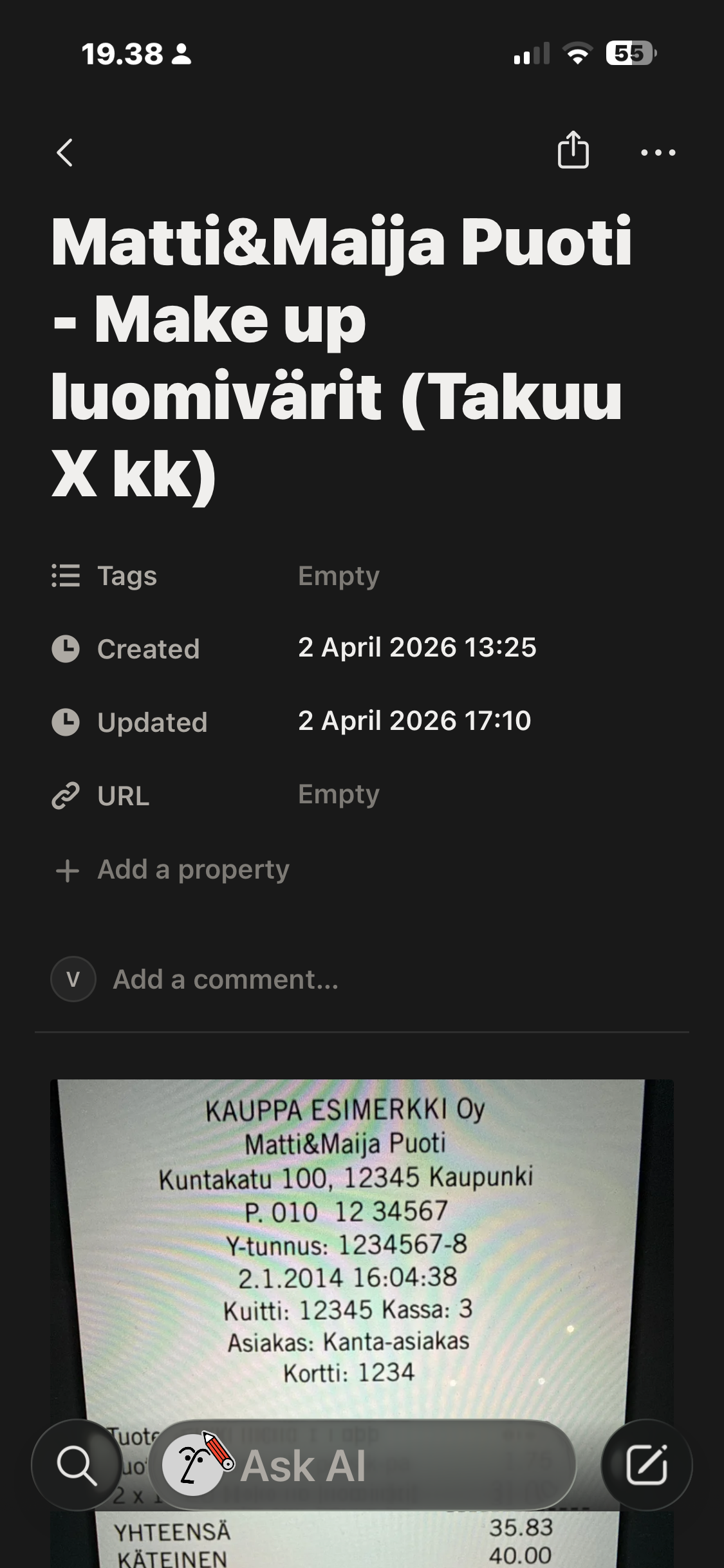 Receipt Notion page, title and properties