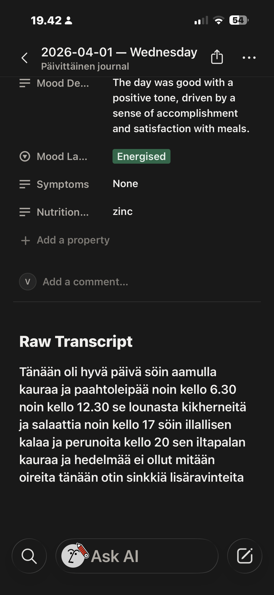 Notion journal entry, mood and raw transcript