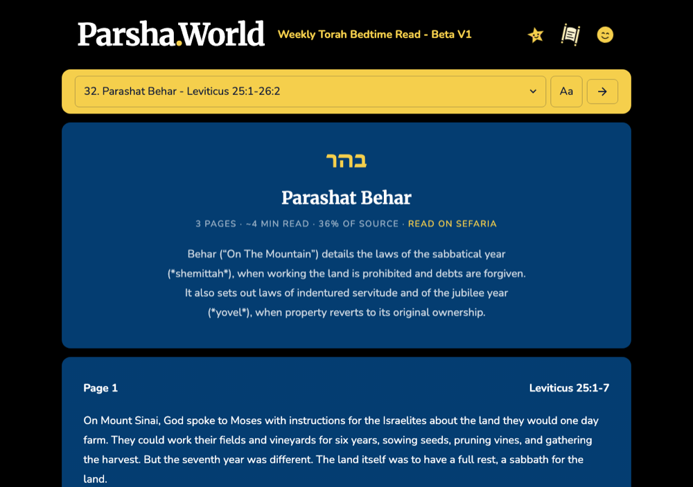 ParshaWorld desktop view showing Parashat Behar with cover card and reading text