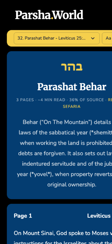 ParshaWorld mobile view showing the parsha selector and cover card