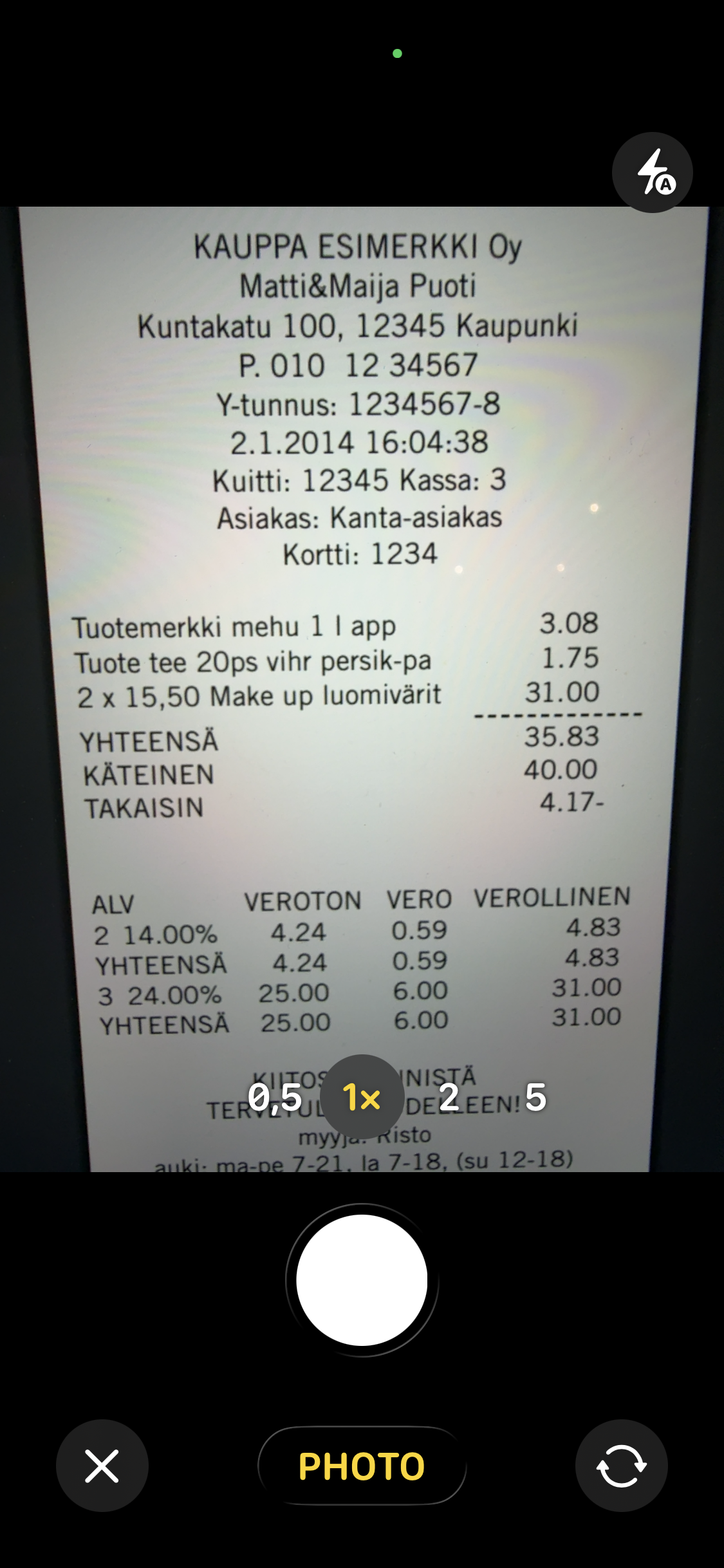 Camera capturing a receipt