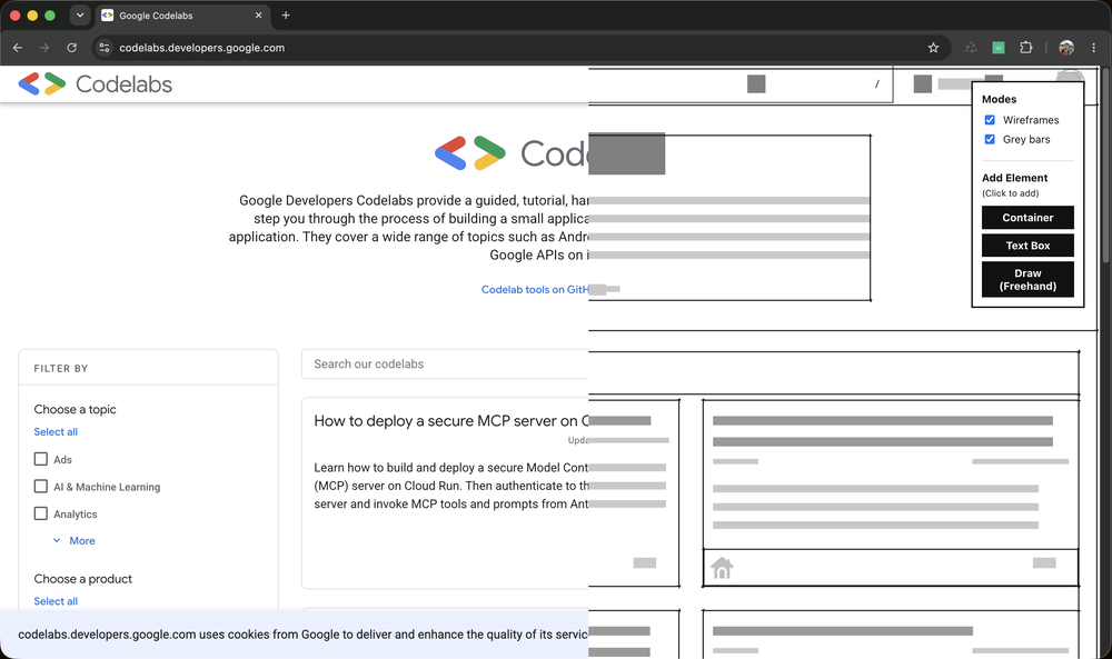 WWWire split view: the live page on the left, the same page wireframed on the right